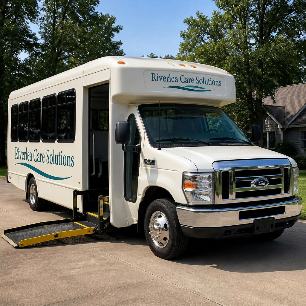 Riverlea Care Solutions shuttle bus with wheelchair lift deployed